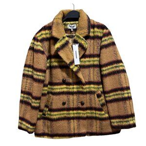Vigoss Plaid Peacoat Large 8-10 Lemon Yellow Camel Brown Double Breasted NWT